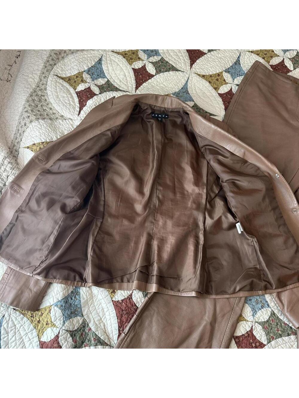 Vintage Penta brown 100% real leather woman’s pants suit Size 8 rare statement - Picture 3 of 6